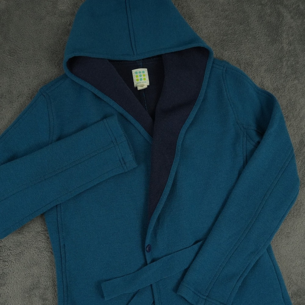 Title Nine Wrap It Up Wool Blend Hooded Cardigan Jacket Womens XS Blue Belted